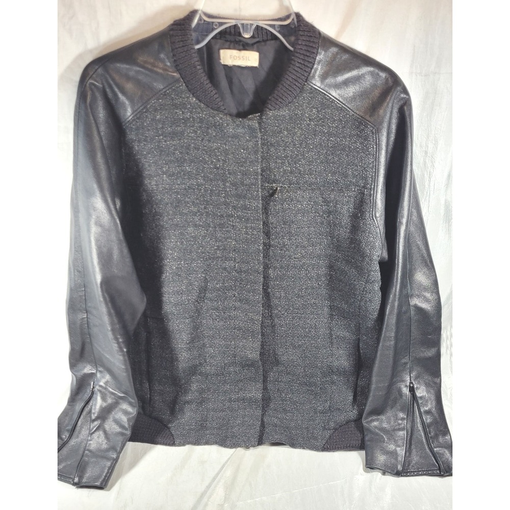 Fossil Women's Wool Blend & Leather Moto Bomber Jacket - Black - Large